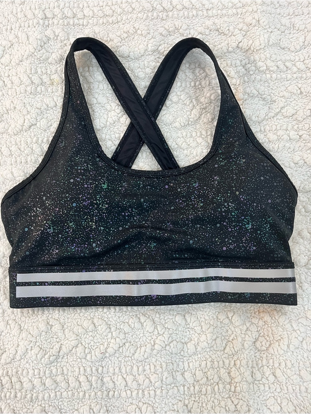 ZYIA Black Crossback Sports Bra with Iridescent Speckle